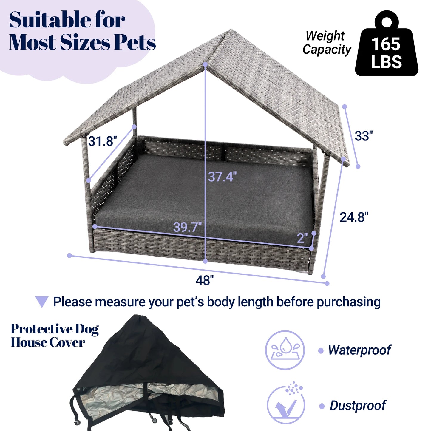 Wicker Dog House Canopy Elevated Rattan Bed Water Resistant Cushion