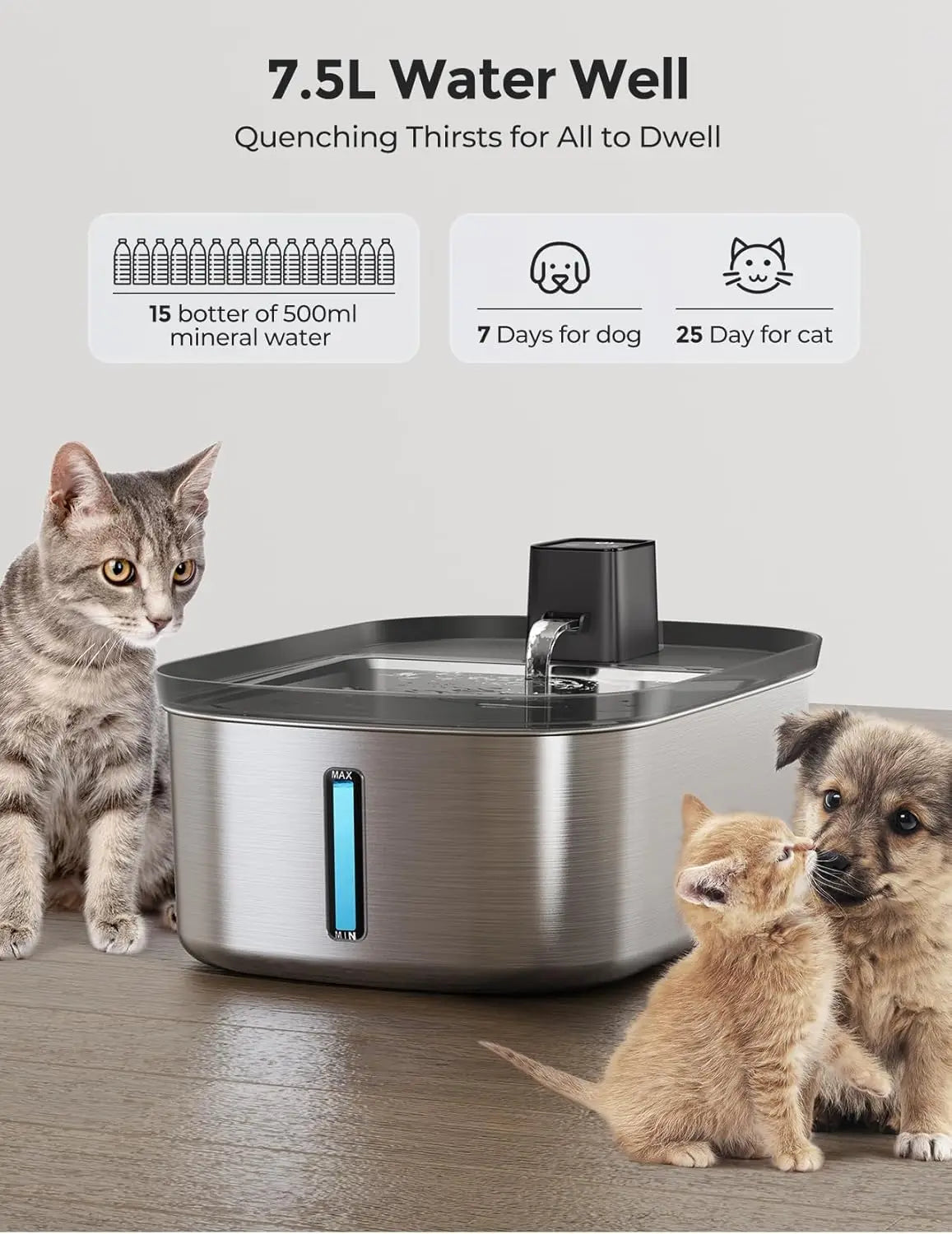 Large Dog Water Fountain With Motion Sensor Stainless Steel