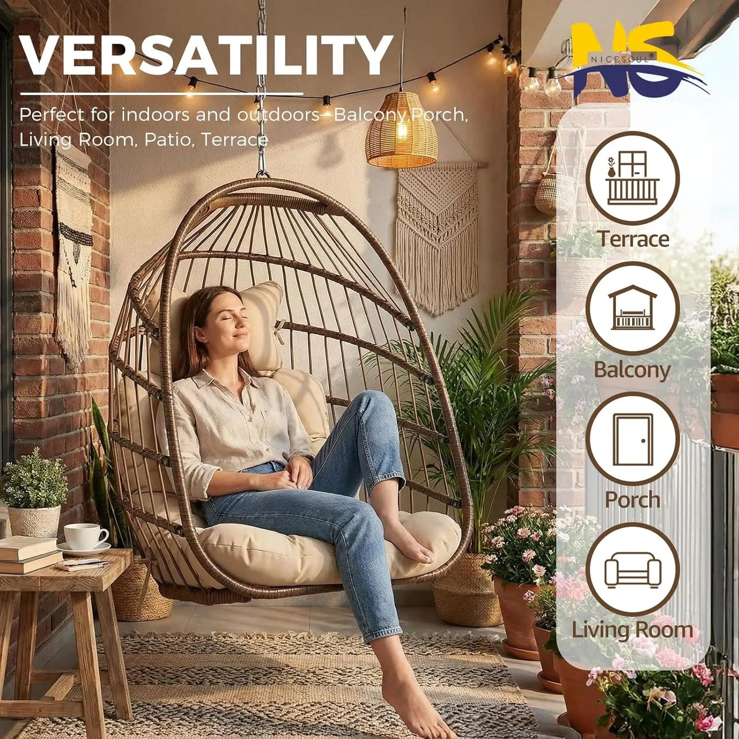 Outdoor Hanging Egg Chair Without Stand, Patio Wicker Swing Egg Basket Chairs with Padded Cushions, 350 Lbs Ceiling, Customized