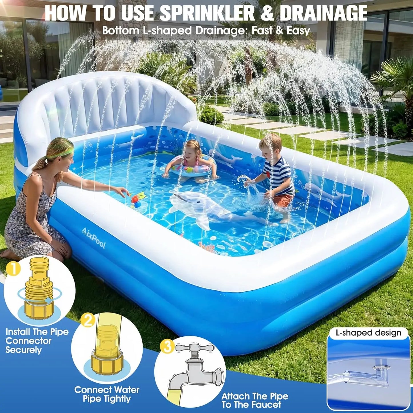 Rectangular Inflatable Pool With Sprinkler Big Backrest For Kids