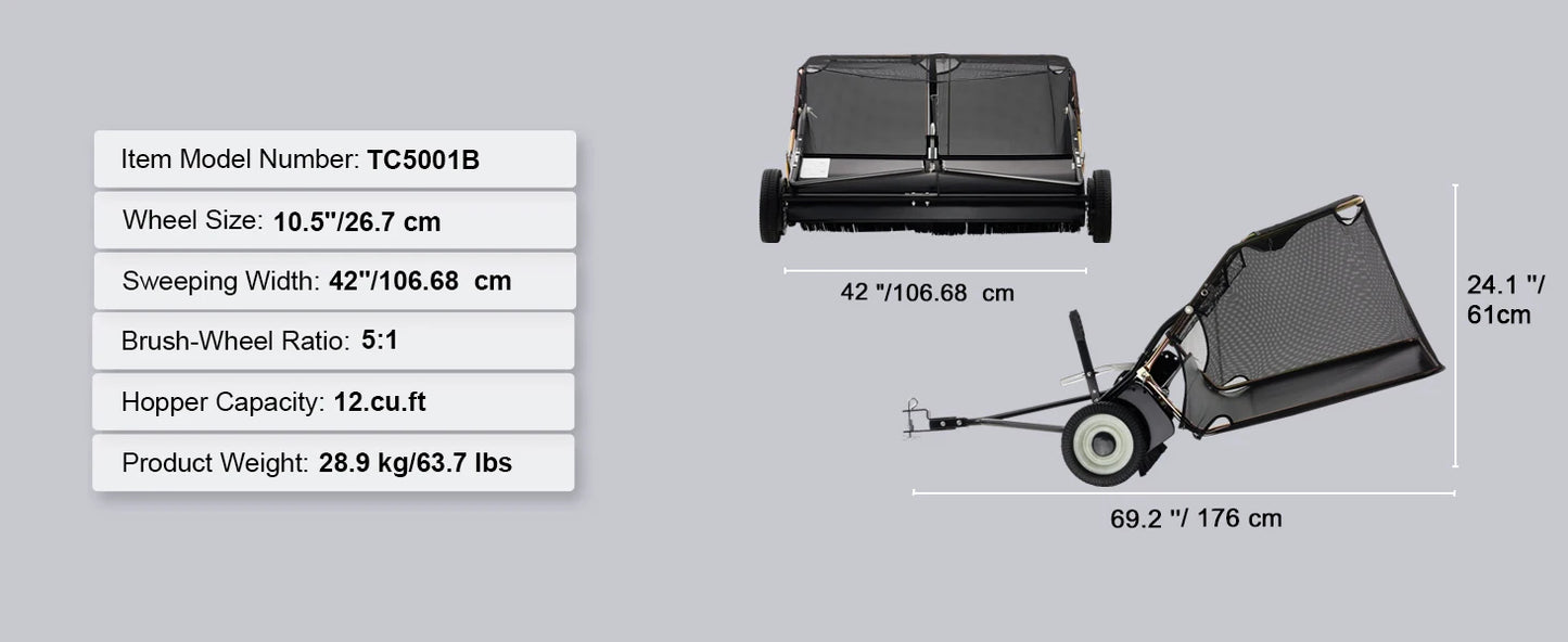 SucceBuy 42-inch Lawn Sweeper Tow Behind 12 cu.ft.Heavy Duty Leaf Grass Collector Adjustable Height for Picking Up Debris Grass