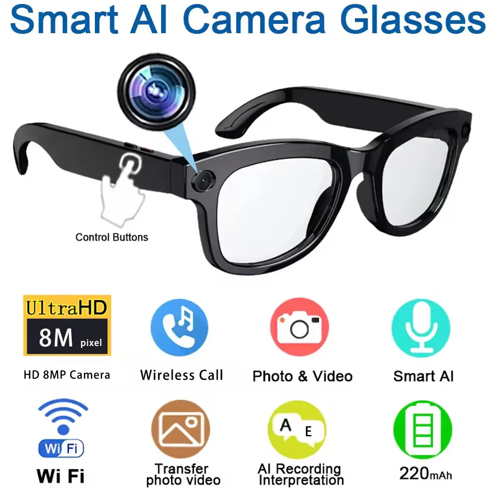 SENBONO Smart Glasses With AI Translator 8MP Camera 4K HD Take Videos And Photo Sunglasses BT Call for Men Women Fashion Glasses