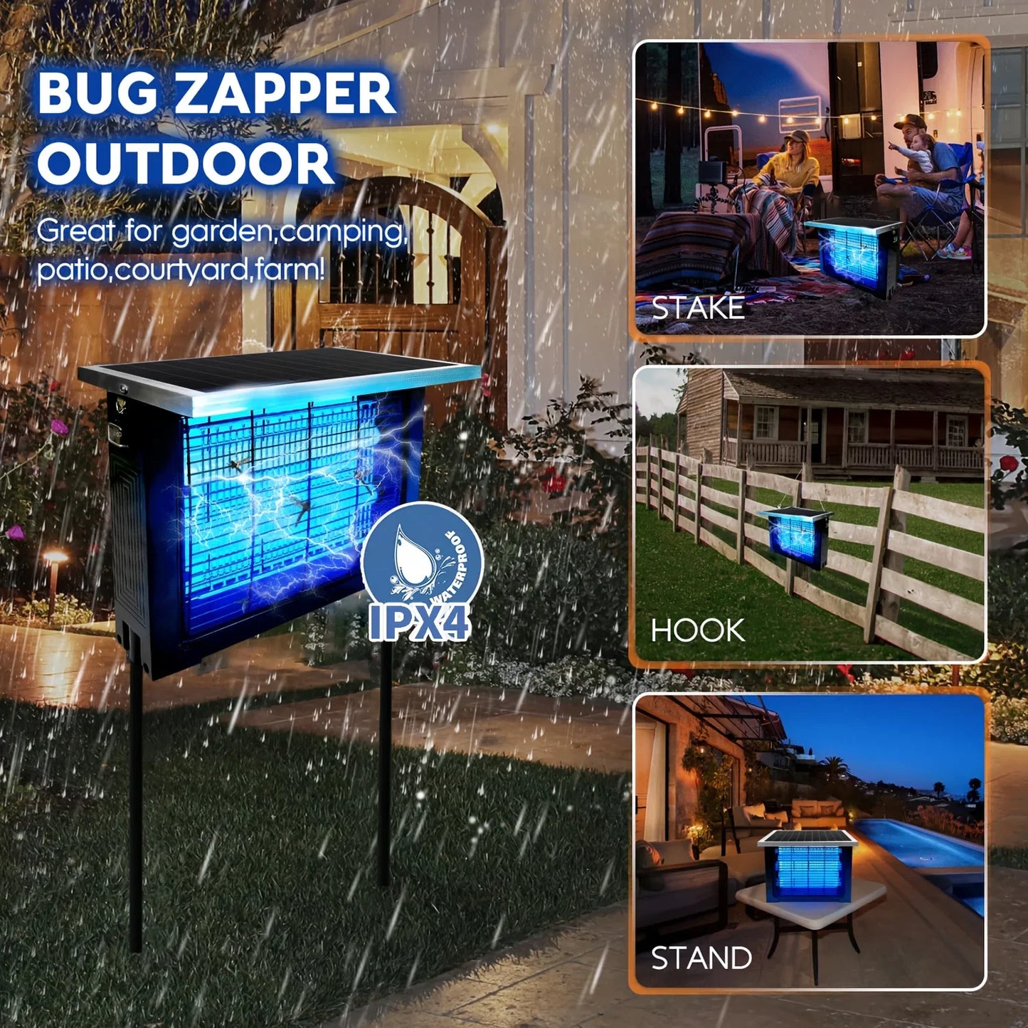 Powerful Solar Bug Zapper Outdoor for 2000 sq.ft, Poartable Rechargeable Mosquito Zapper with High Powered