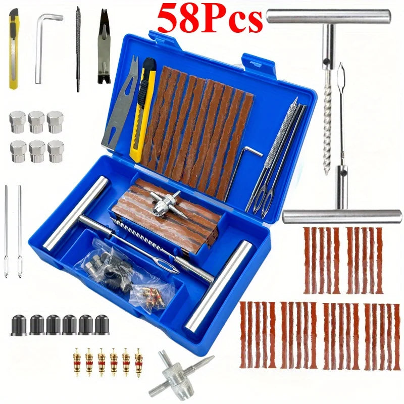 34/58pcs Auto Tire Repair Set Puncture Repair Tools Car Van Motorcycle Bike Emergency Heavy Duty Tubeless Tire Repair Rivet Set