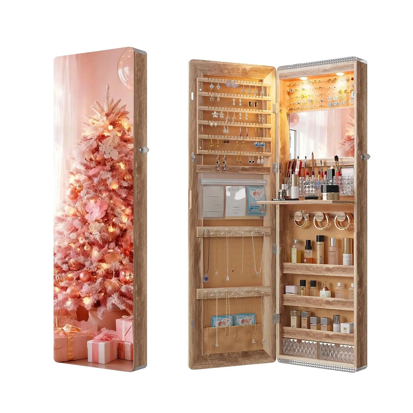 LED Mirror Jewelry Cabinet - with RGB lights,Lockable Wall/Door Mounted Full Length Mirror with Storage,Hanging, Customized