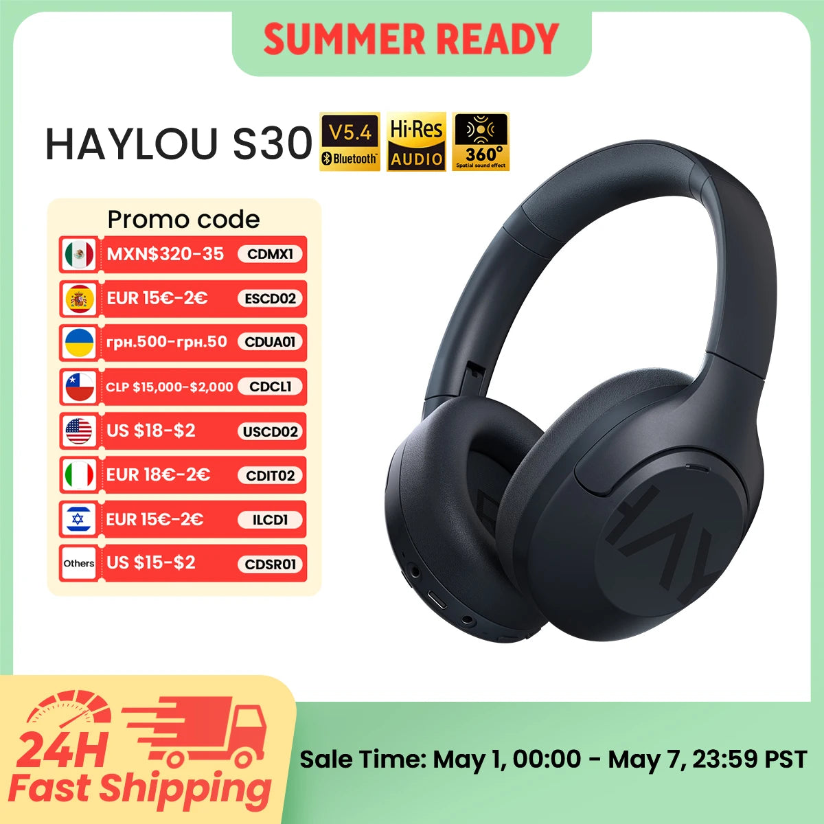 HAYLOU S30 Wireless Bluetooth 5.4 Headphones 43dB Adaptive Noise Cancelling Headsets 40mm Driver 80H Playtime Earphones