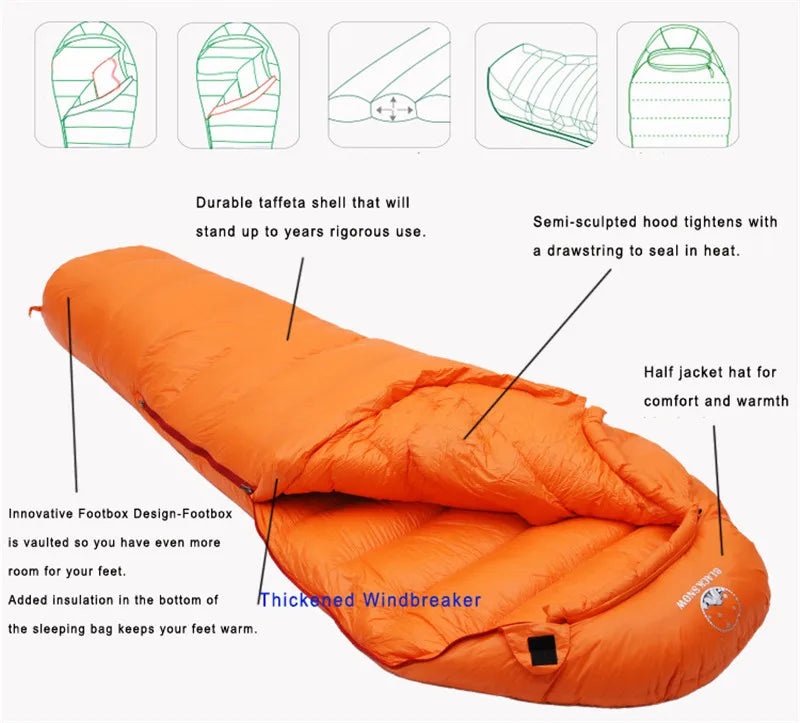 Very Warm White Goose Down Filled Adult Mummy Style Sleeping Bag Fit for Winter Thermal 4 Kinds of Thickness Camping Travel