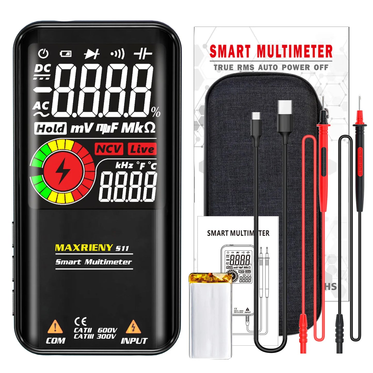 MAXRIENY Smart Digital Multimeter USB Rechargeable True RMS EBTN DC AC Voltage Capacitance Ohm Diode NCV Hz Live WireTester