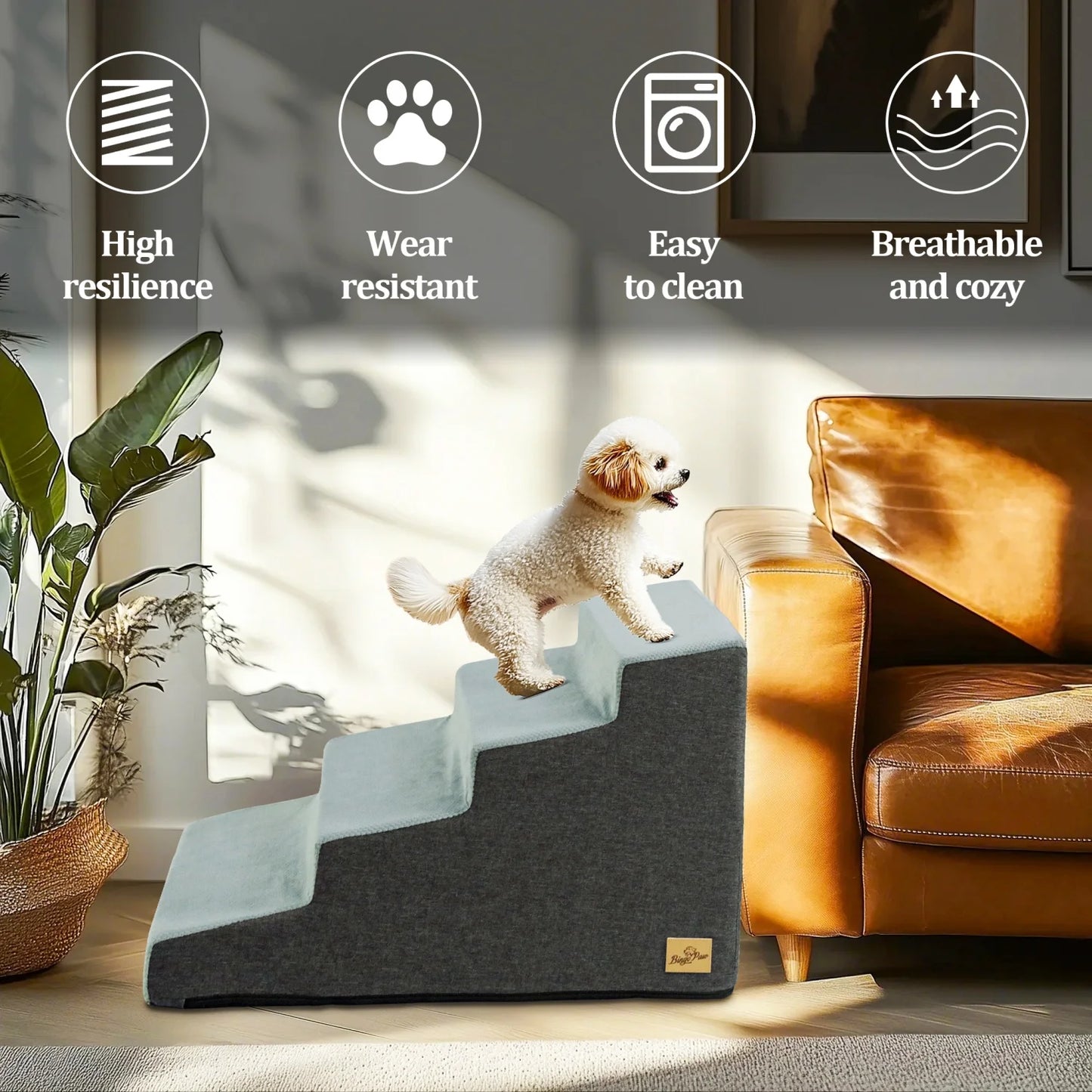 3/4 Steps Dog Stairs Ramp with Washable Cover for Small Dogs, Non-Slip Balanced, Pet Steps for Couch Sofa