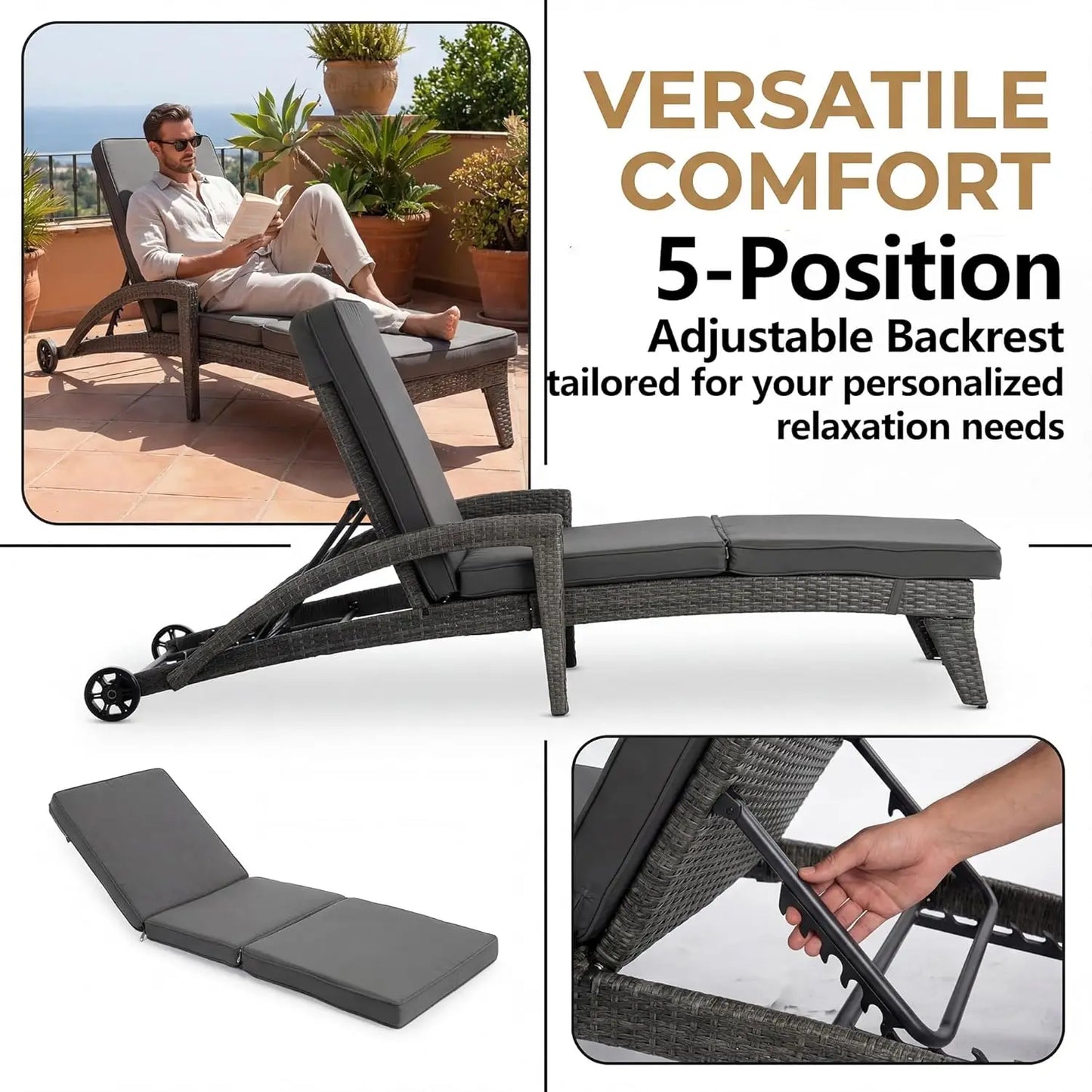 4-Position Adjustable Upholstered Chaise Lounge Set 2 Wicker Reclining Chair Wheels Pool Deck Beach Yard, Custom