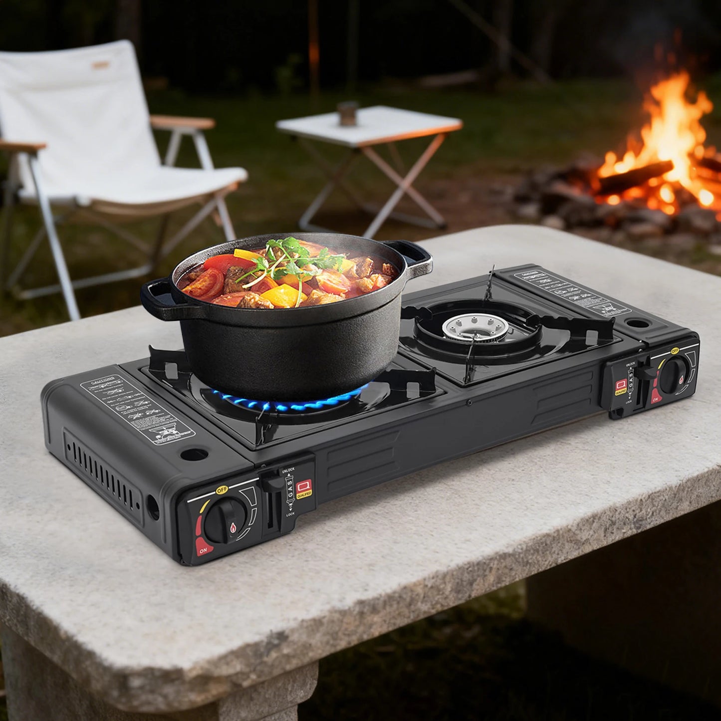 2 Burners Portable Gas Stove with Piezo Ignition and Carrying Case 2x2500W High Power LPG/Butane for Camping Picnics Parties