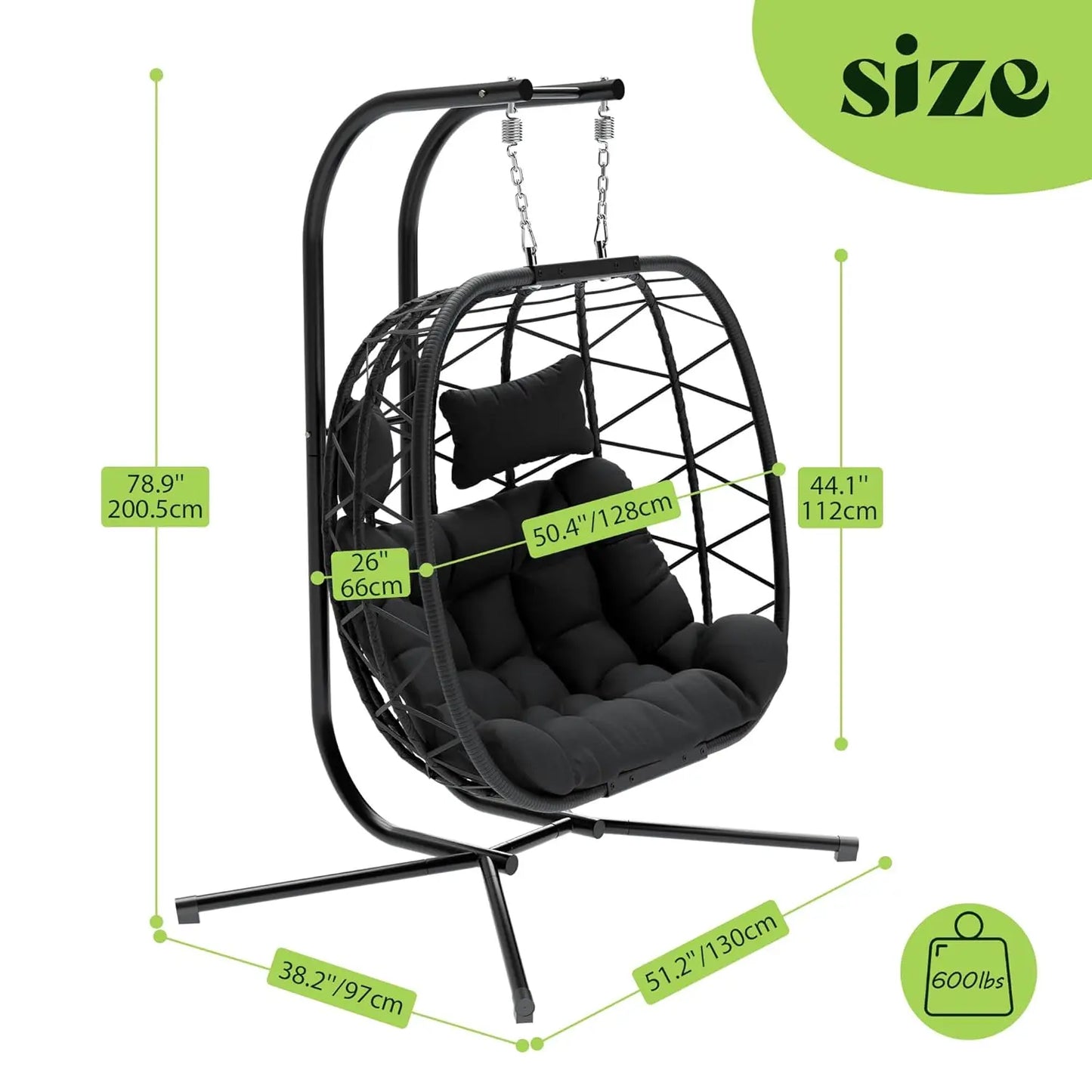 Double Swing Egg Chair with Stand, Oversized 2 Person Indoor Outdoor Wicker Patio Basket Hanging Chair with Black, Customized