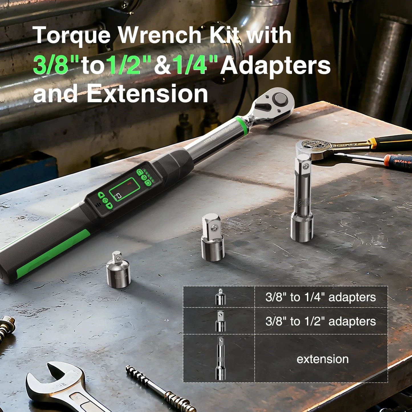 TaskStar 3/8'' Digital Torque Wrench w/1/4 1/2-inch Adapter Bidirectional Ratchet Head Mini Electronic Torque Wrench 2% Accuracy