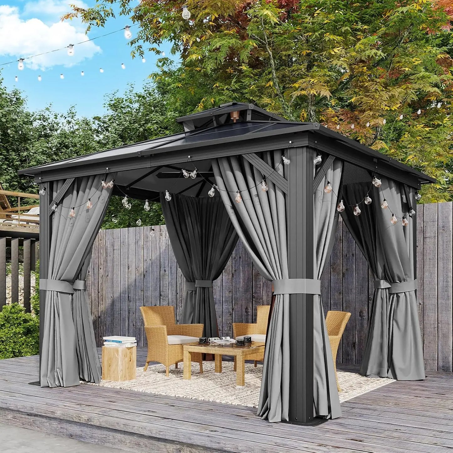 10'x10' Hardtop Gazebo, Outdoor Polycarbonate Double Top Canopy, Aluminum Frame Gazebo with Netting and Curtains,Customized
