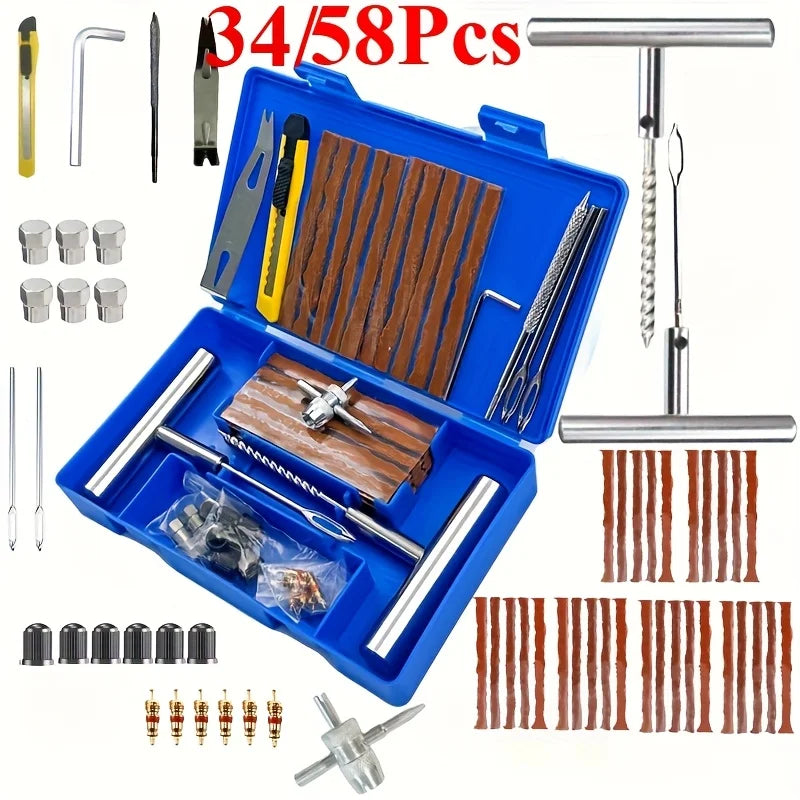 34/58pcs Auto Tire Repair Set Puncture Repair Tools Car Van Motorcycle Bike Emergency Heavy Duty Tubeless Tire Repair Rivet Set
