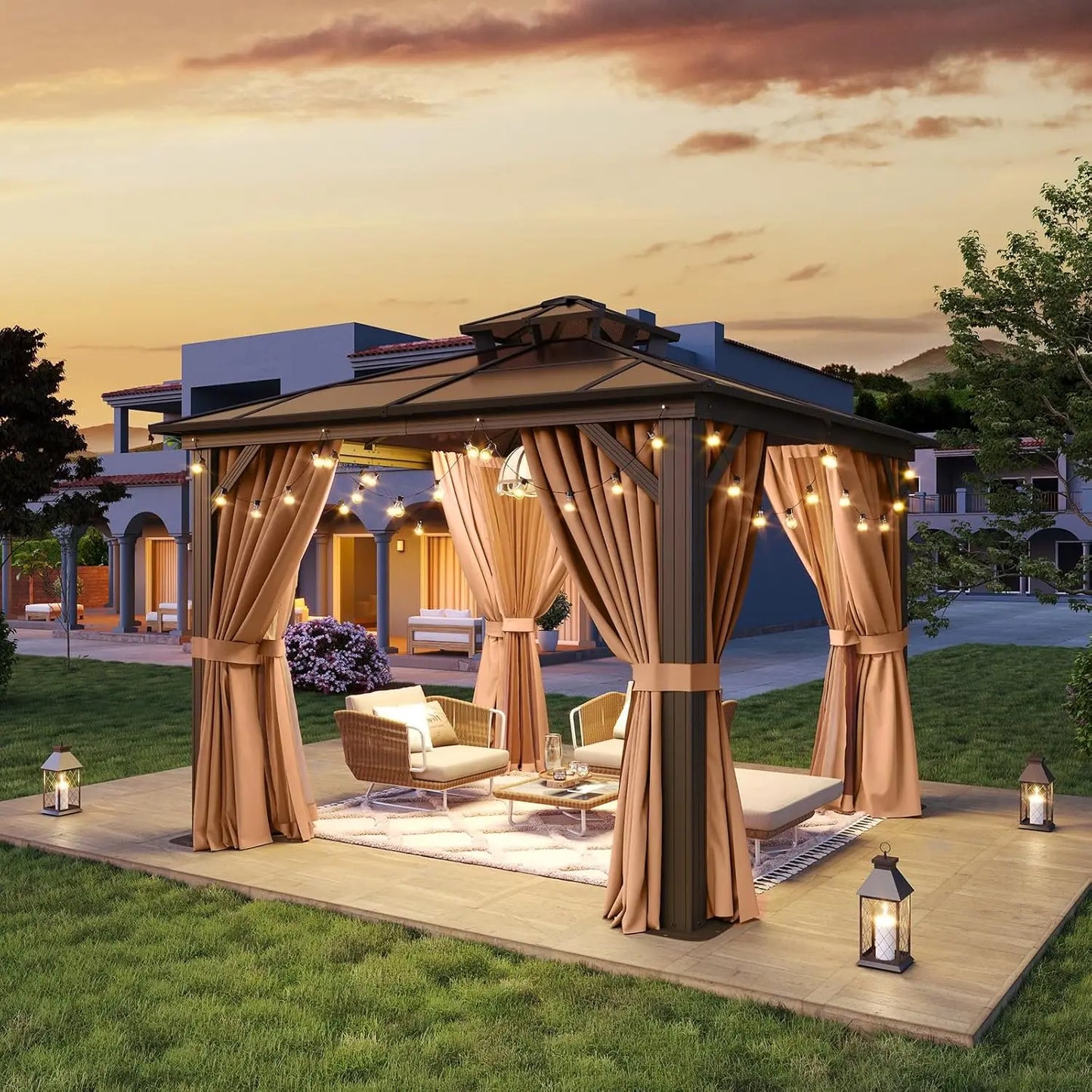 10'x10' Hardtop Gazebo, Outdoor Polycarbonate Double Top Canopy, Aluminum Frame Gazebo with Netting and Curtains,Customized