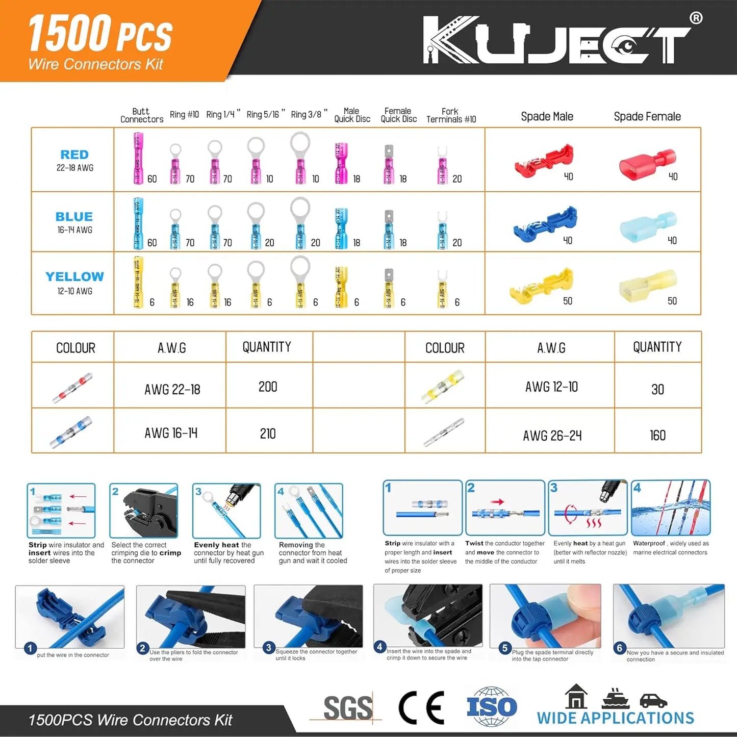 1500PCS Waterproof Heat Shrink Wire Connectors Kit, Insulated Crimp Ring Fork Spade Terminal for Marine Boat Truck