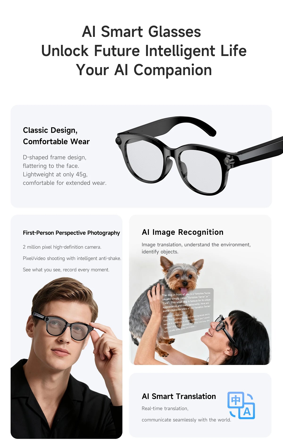 SENBONO AI Smart Glasses for Men Women 200W HD Camera 1080P 4K Video AI Voice Assistant Translation Music Playback Sunglasses