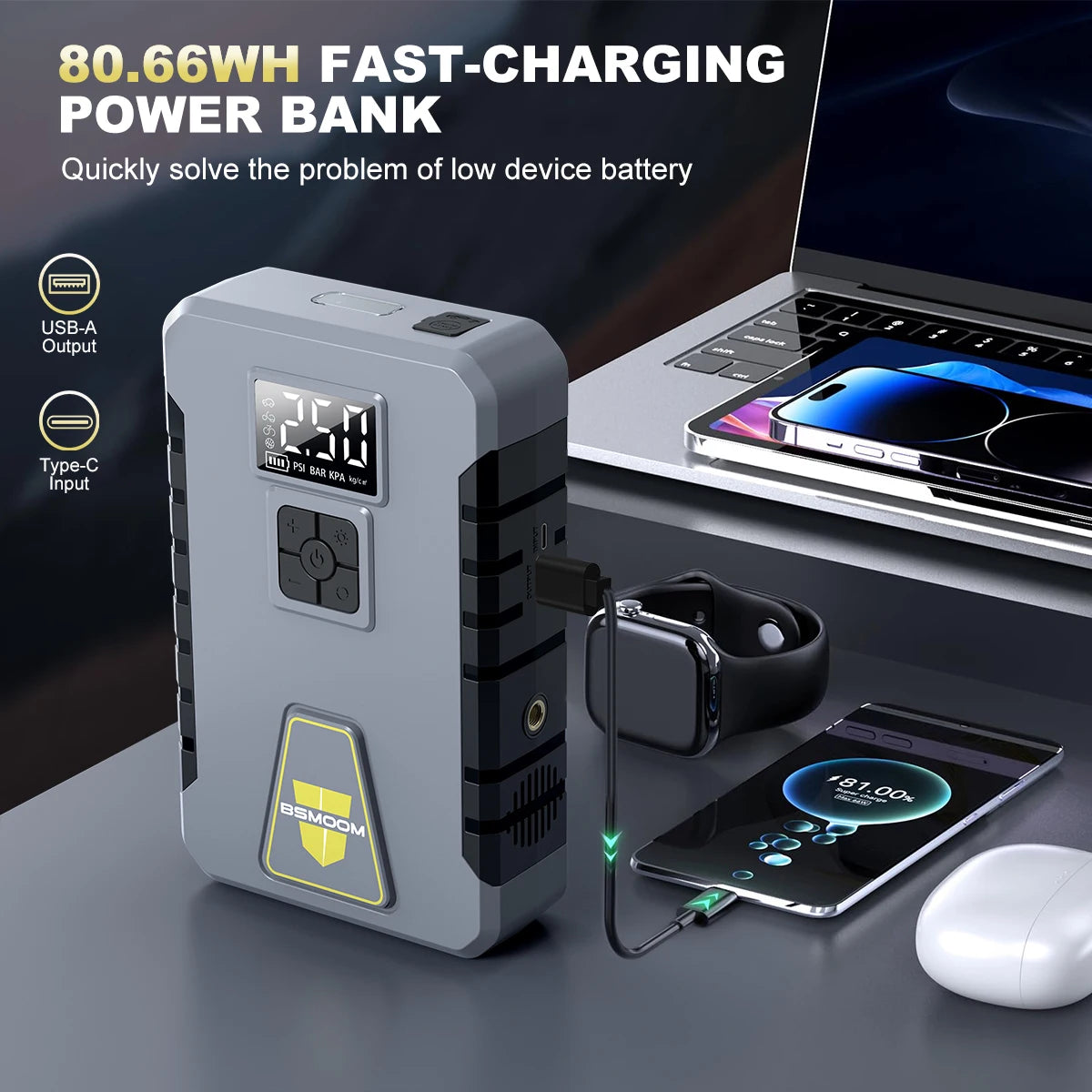 Car Battery Jump Starter Digital Display Portable Car Battery Booster Charger 26800mAh Power Bank Emergency Battery Booster