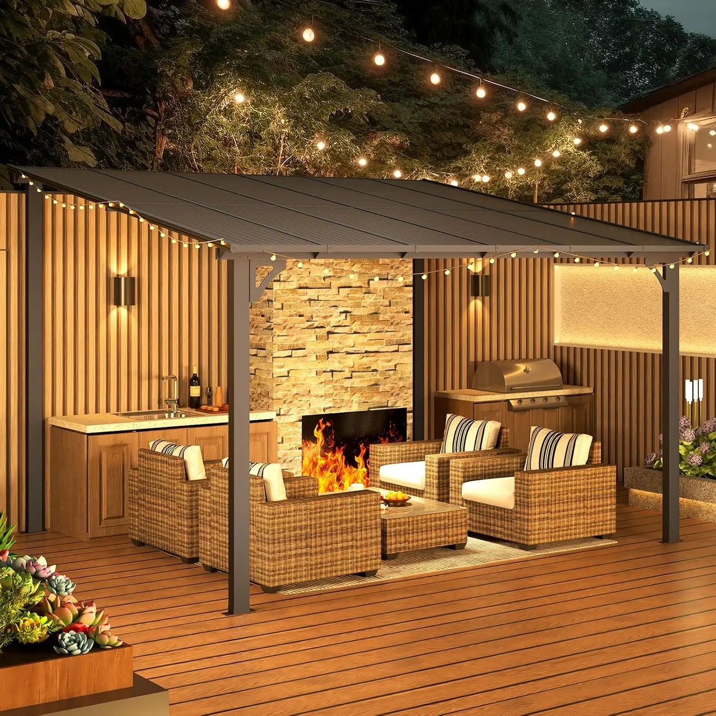 12x10 Hard Top Gazebo Pergola Outdoor Patio Lean to Canopy Awning for Deck Porch Backyard, Customized