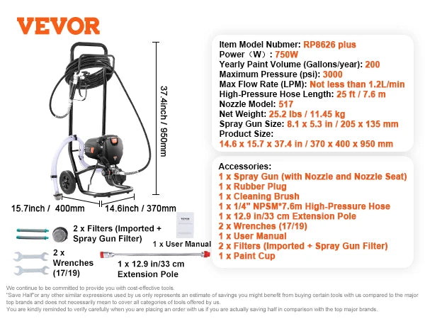 SucceBuy 750W 950W Airless Paint Sprayer 3000PSI High Efficiency Electric Airless Sprayer Handheld Paint Sprayers
