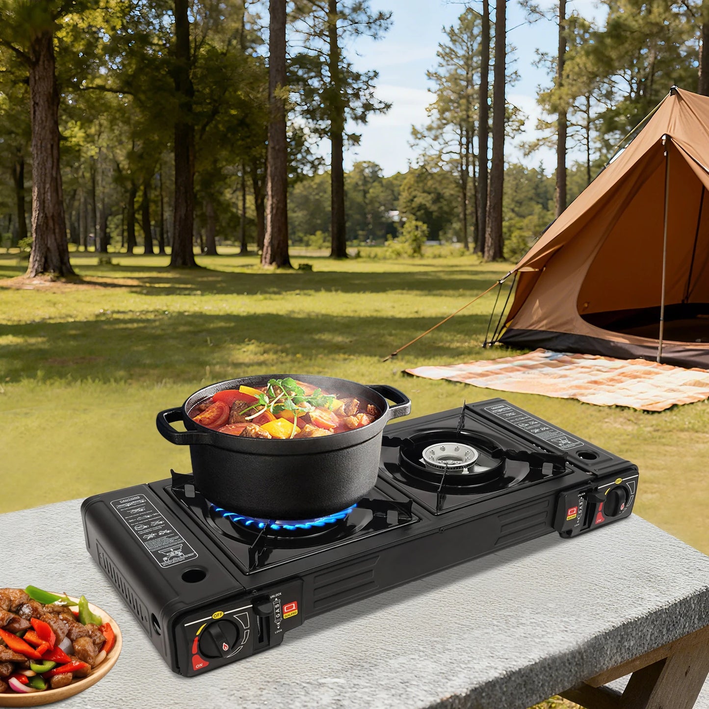 2 Burners Portable Gas Stove with Piezo Ignition and Carrying Case 2x2500W High Power LPG/Butane for Camping Picnics Parties
