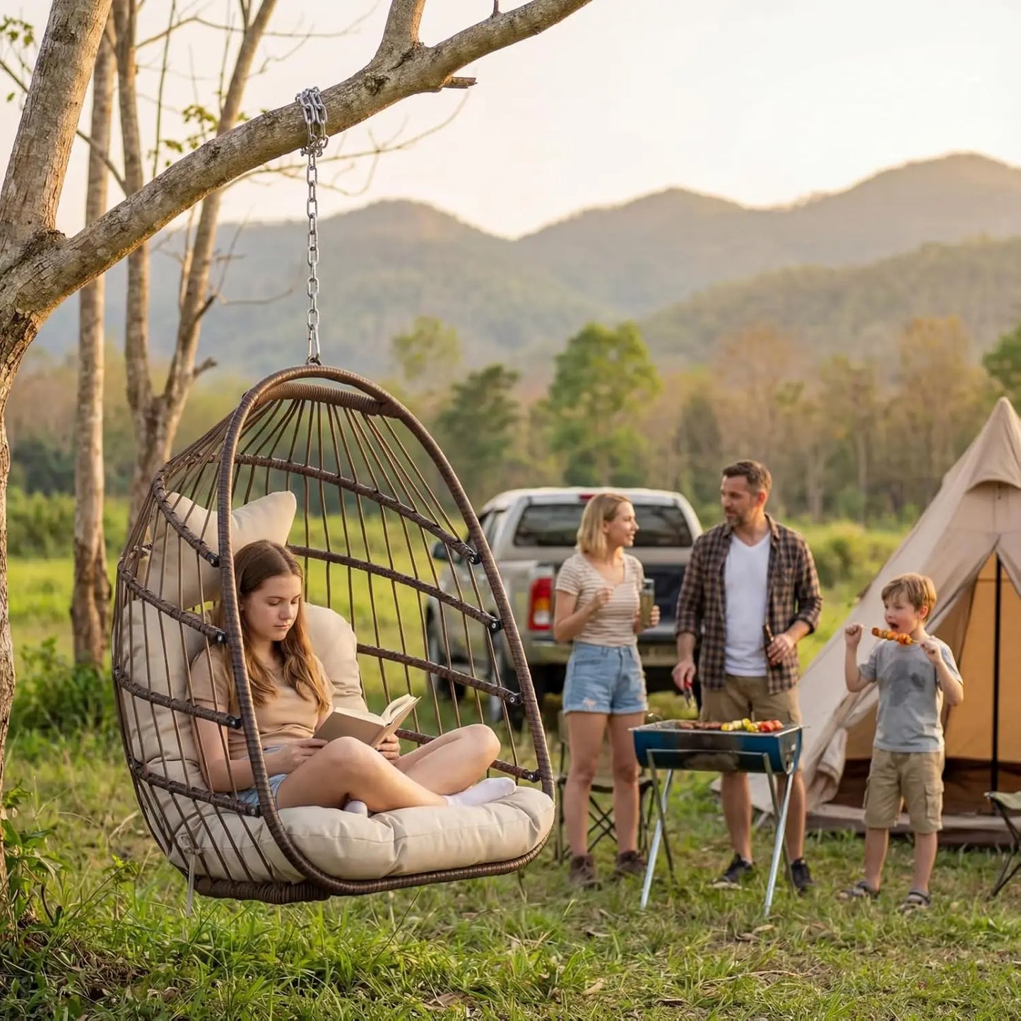 Outdoor Hanging Egg Chair Without Stand, Patio Wicker Swing Egg Basket Chairs with Padded Cushions, 350 Lbs Ceiling, Customized