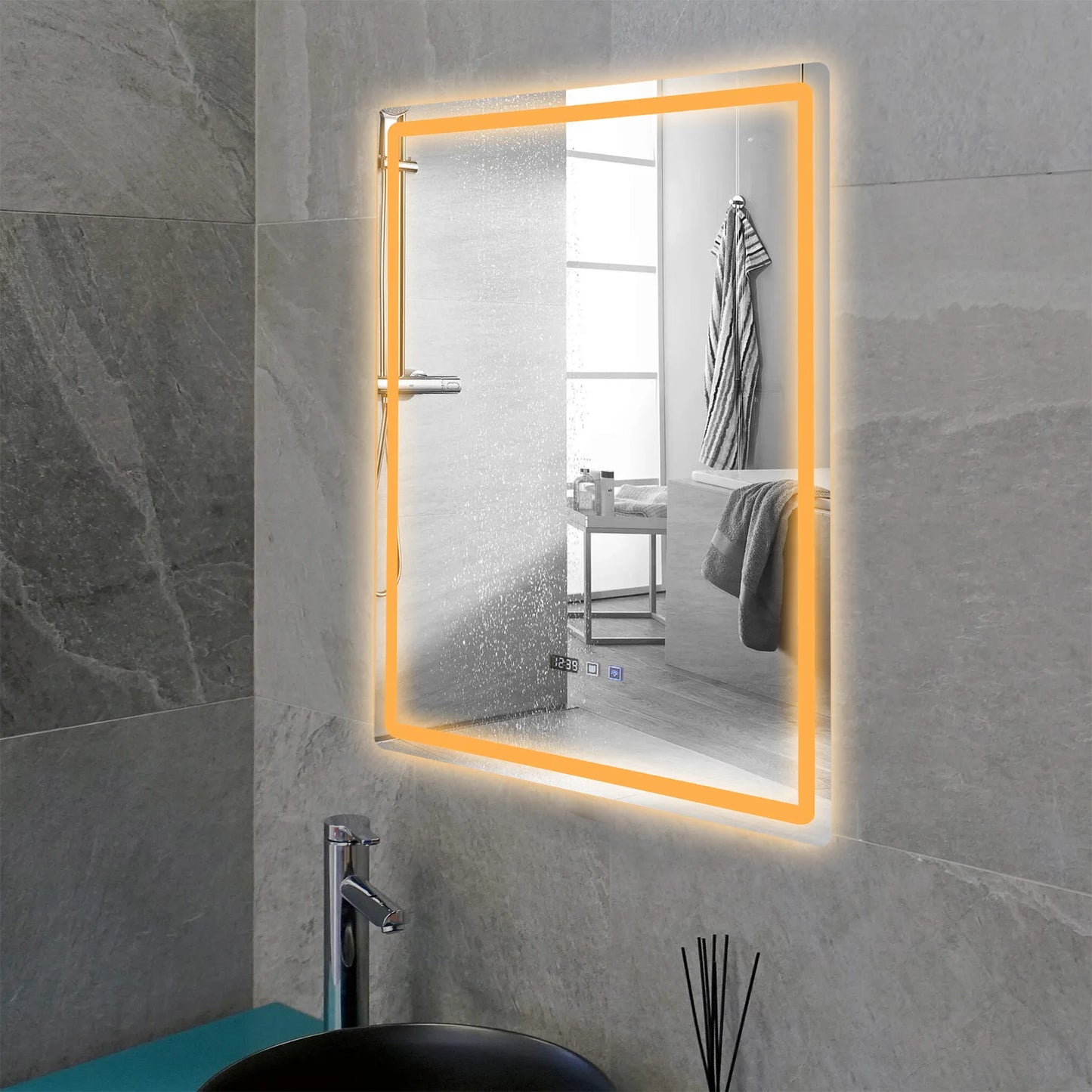 Tri-Color Dimmable LED Bathroom Mirror with Display Demist Touch IP54 Waterproof Wall Mounted Rectangle Makeup Mirror 3 size