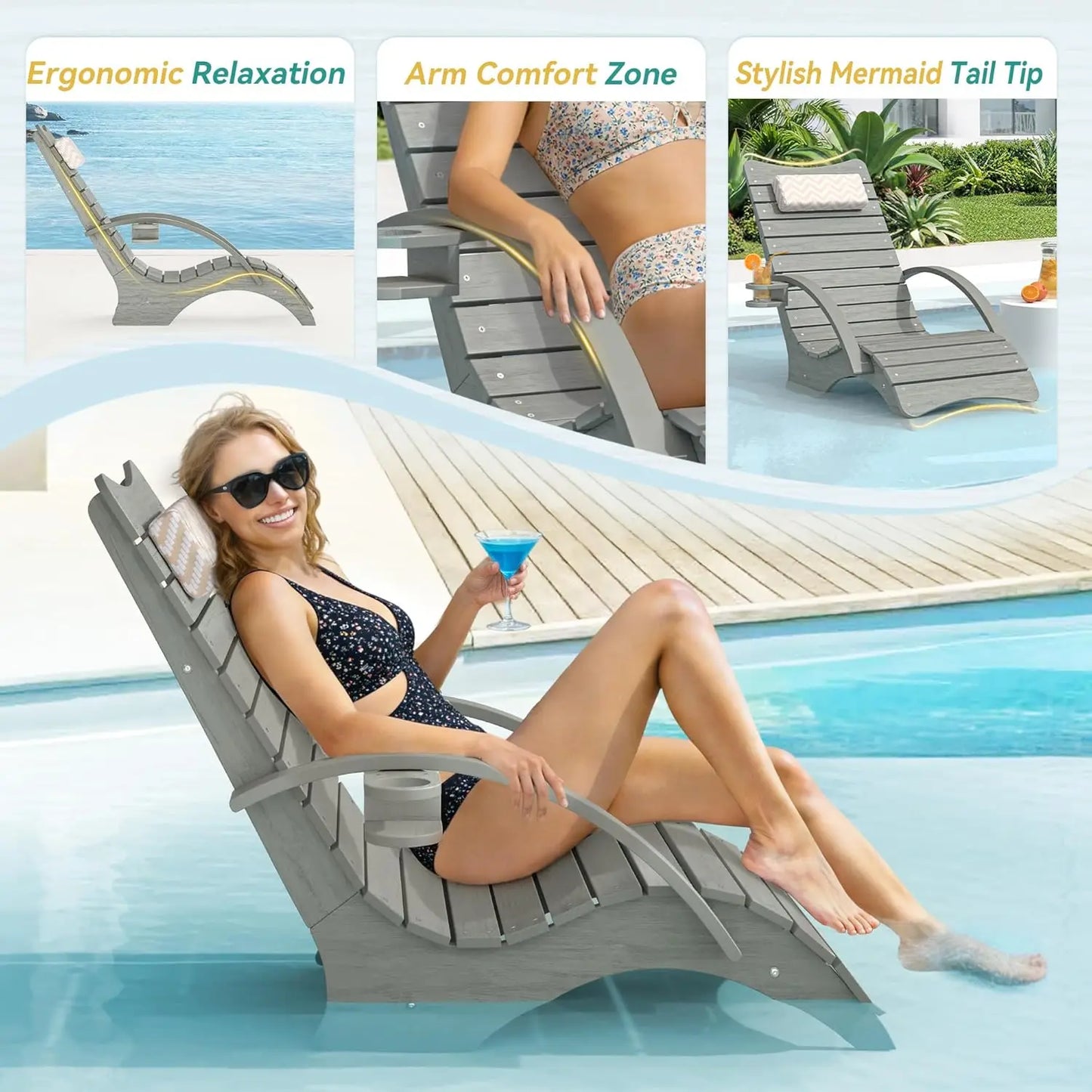 Pool Lounge Chairs Set of 2, Shallow Water 8-10 Inches Deep, HDPS Fade Resistant Pool Tanning Chair with Armrest,, Customized