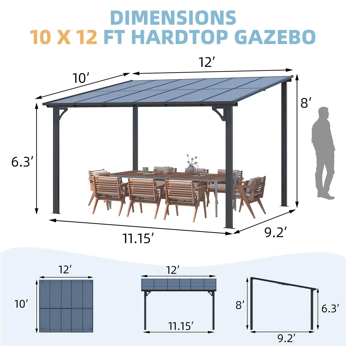 12x10 Hard Top Gazebo Pergola Outdoor Patio Lean to Canopy Awning for Deck Porch Backyard, Customized