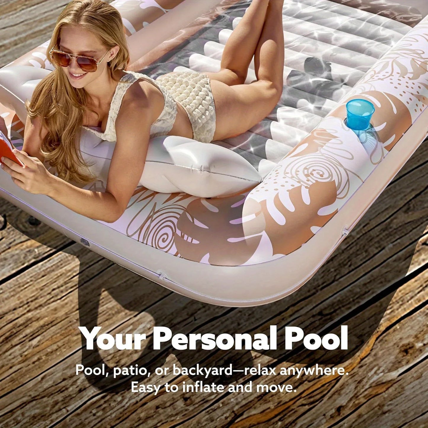 JOYFY Inflatable Tanning Pool Lounger Float 70" x 46" Pool Floats Adult with Pillow 4 in 1 Suntan Tub Raft Floatie Sunbathing