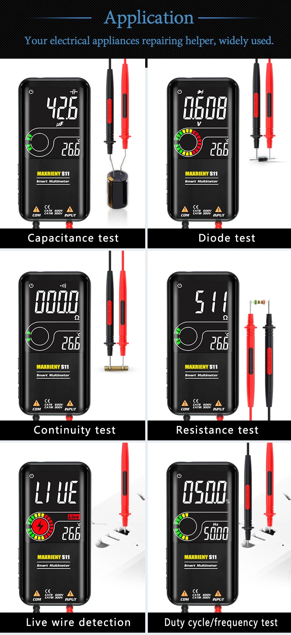 MAXRIENY Smart Digital Multimeter USB Rechargeable True RMS EBTN DC AC Voltage Capacitance Ohm Diode NCV Hz Live WireTester