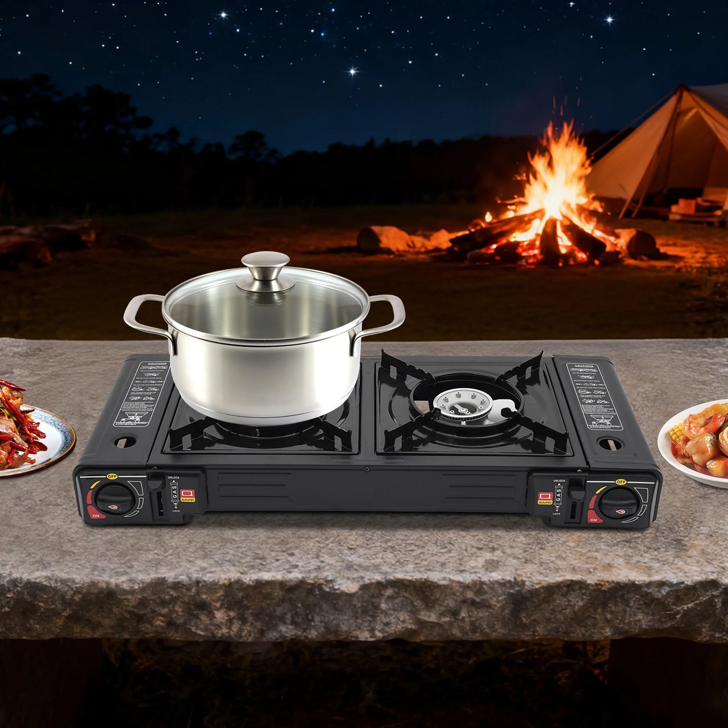 2 Burners Portable Gas Stove with Piezo Ignition and Carrying Case 2x2500W High Power LPG/Butane for Camping Picnics Parties