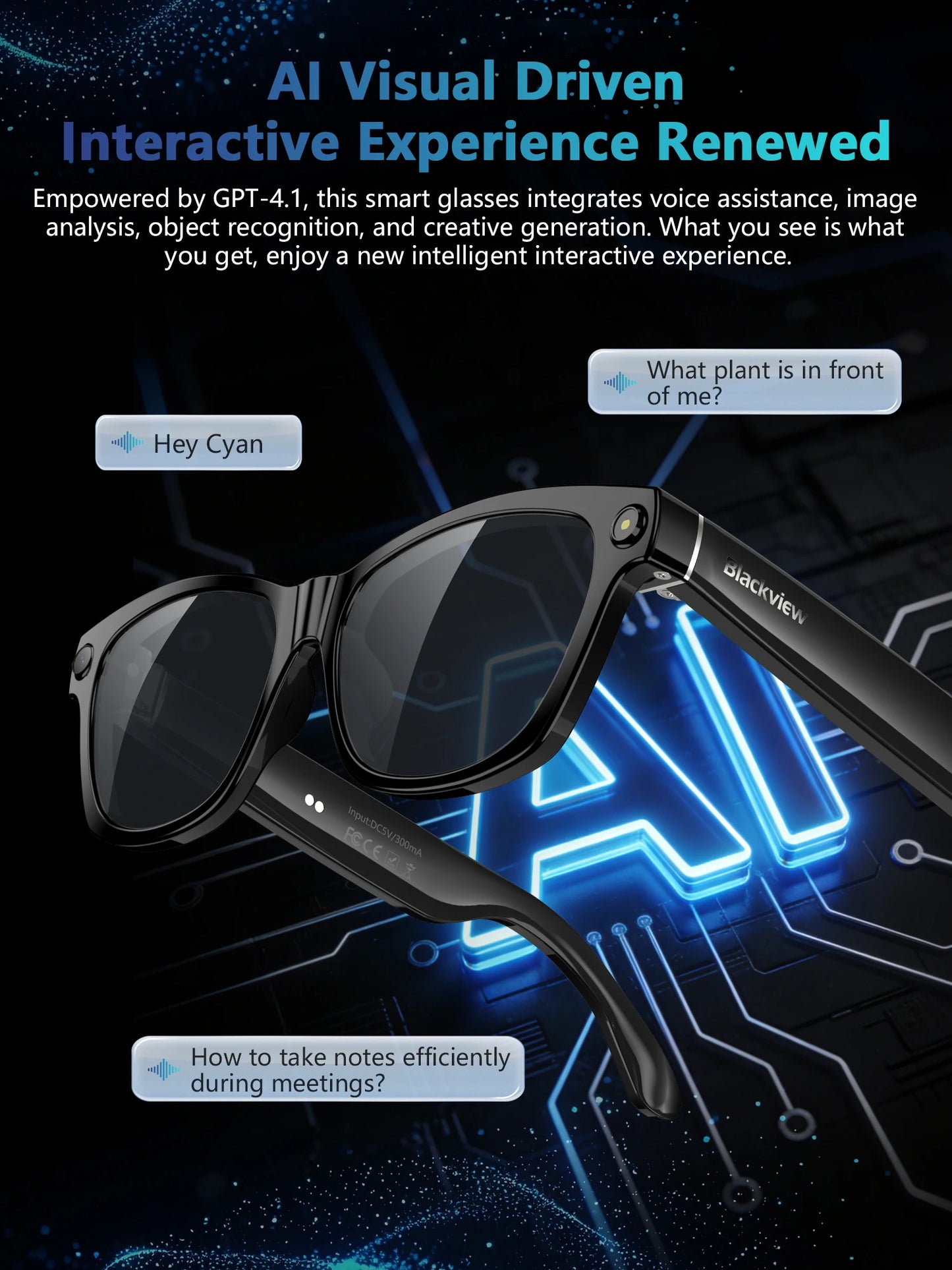 Blackview BV100 AI Smart glasses 800W Pixels 2K HD Camera Bluetooth Call Voice Assistant Translation Speakers&Mic Sunglasses