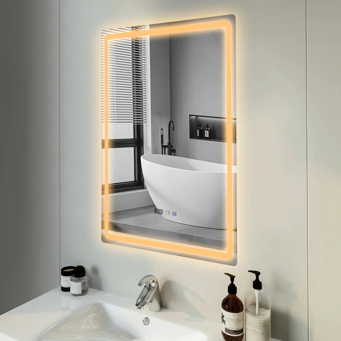 Tri-Color Dimmable LED Bathroom Mirror with Display Demist Touch IP54 Waterproof Wall Mounted Rectangle Makeup Mirror 3 size