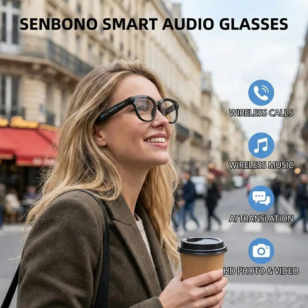 SENBONO AI Smart Glasses for Men Women 200W HD Camera 1080P 4K Video AI Voice Assistant Translation Music Playback Sunglasses