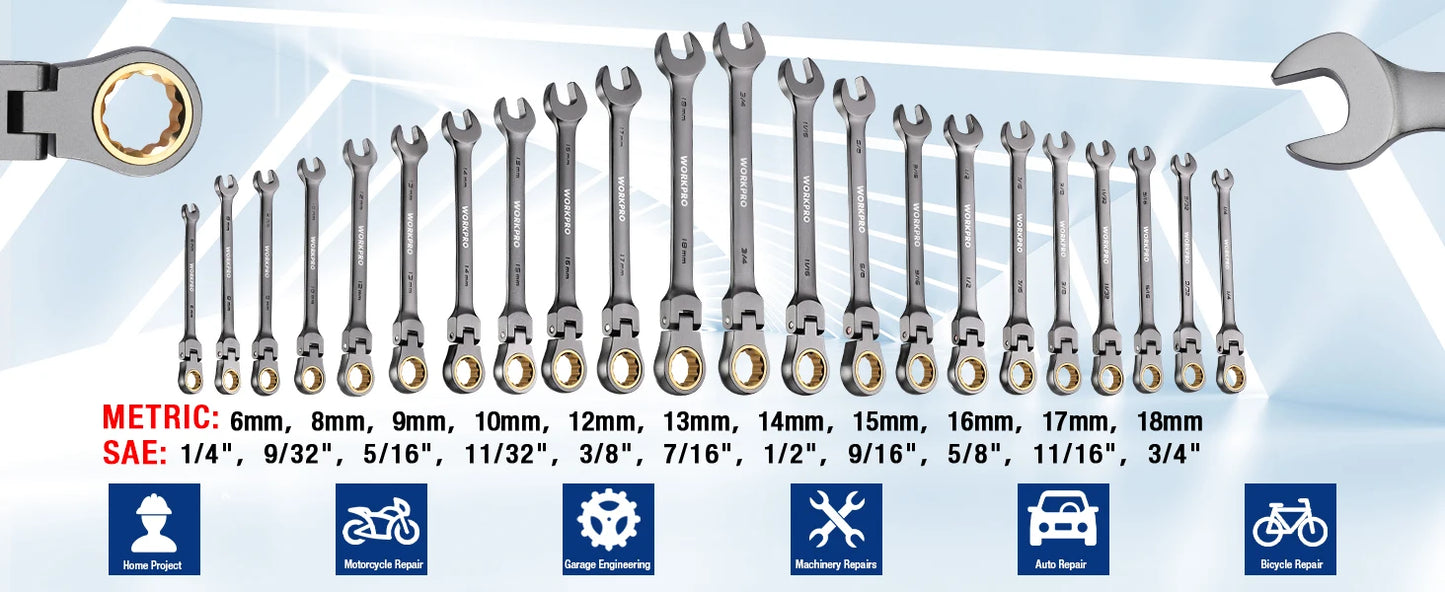 WORKPRO 21pc Ratcheting Wrench Set  with Box ,72 Teeth Wrench with Box, Wrench Repair  Tool Set