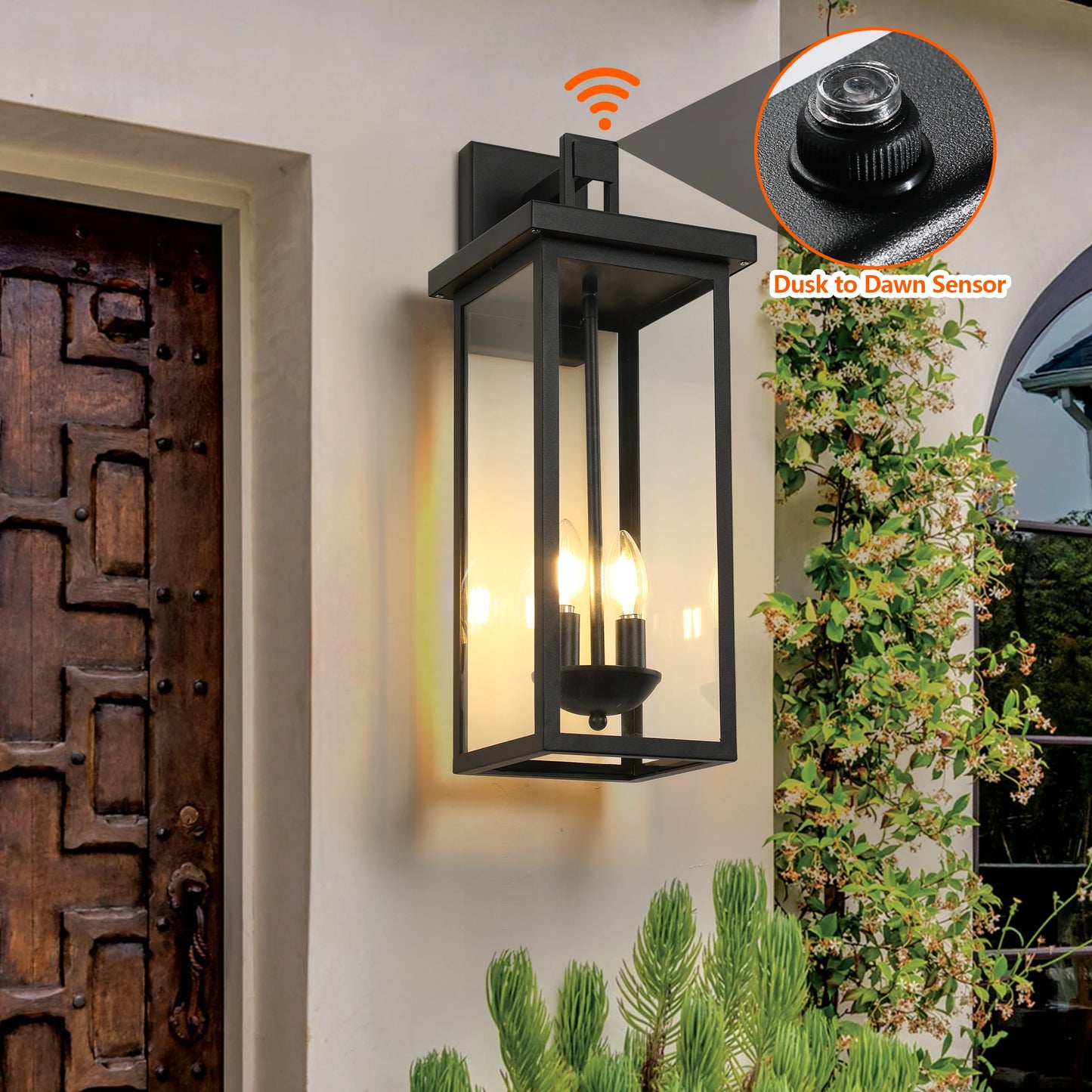 22"(H) Outdoor Wall Lantern with Dusk to Dawn Sensor Matte Black Finish Clear Glass Panels Weatherproof Exterior Light
