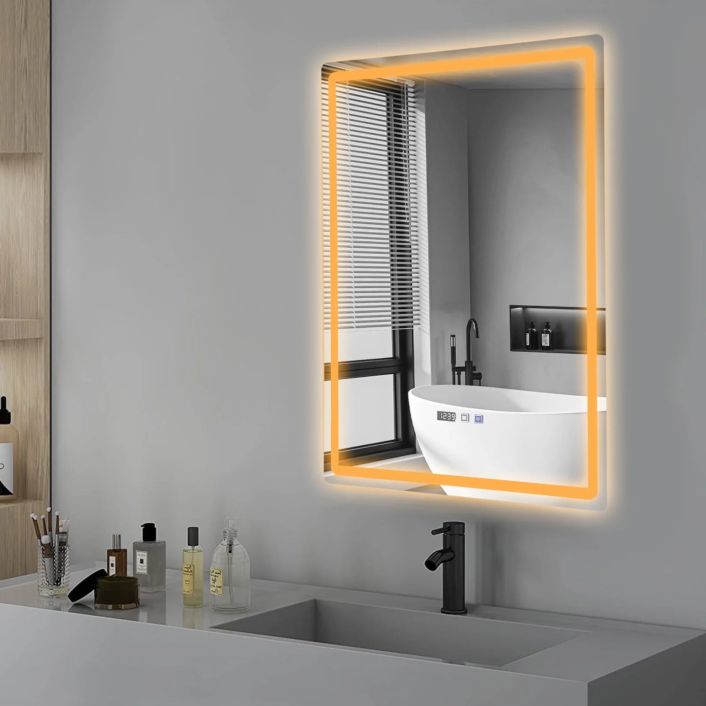 Tri-Color Dimmable LED Bathroom Mirror with Display Demist Touch IP54 Waterproof Wall Mounted Rectangle Makeup Mirror 3 size