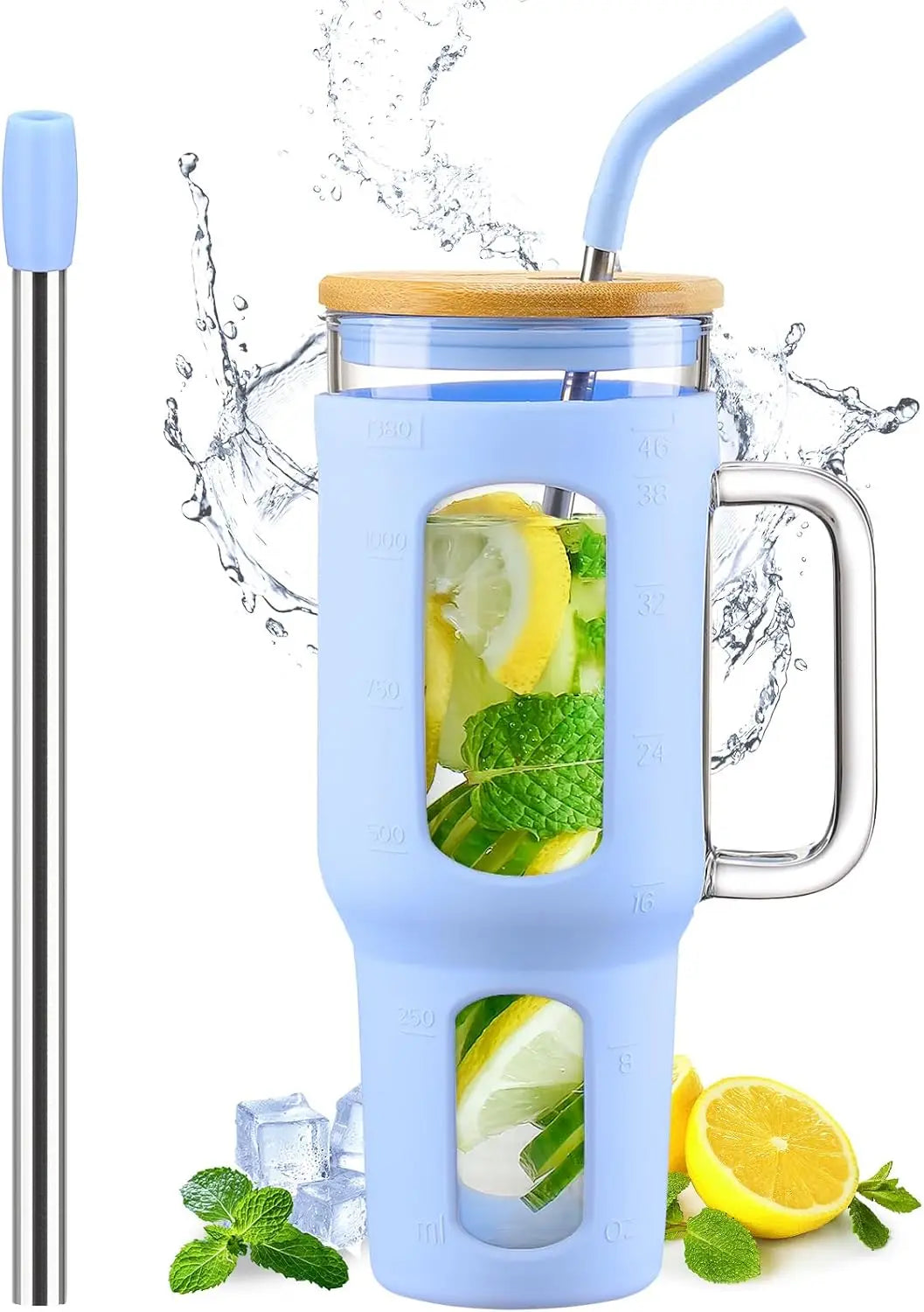 46oz Glass Tumbler with Lid, Straw & Handle - BPA Free, Dishwasher Safe for Iced Coffee and Water