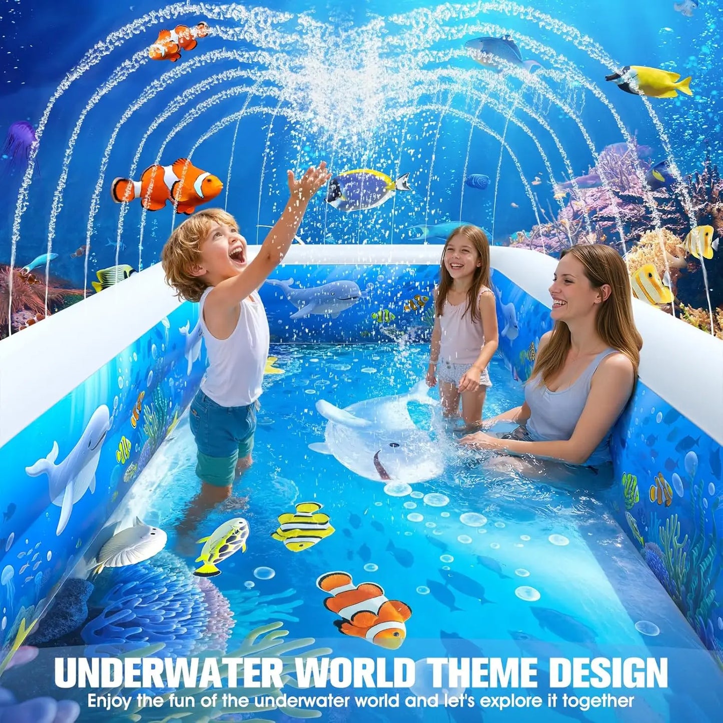 Rectangular Inflatable Pool With Sprinkler Big Backrest For Kids