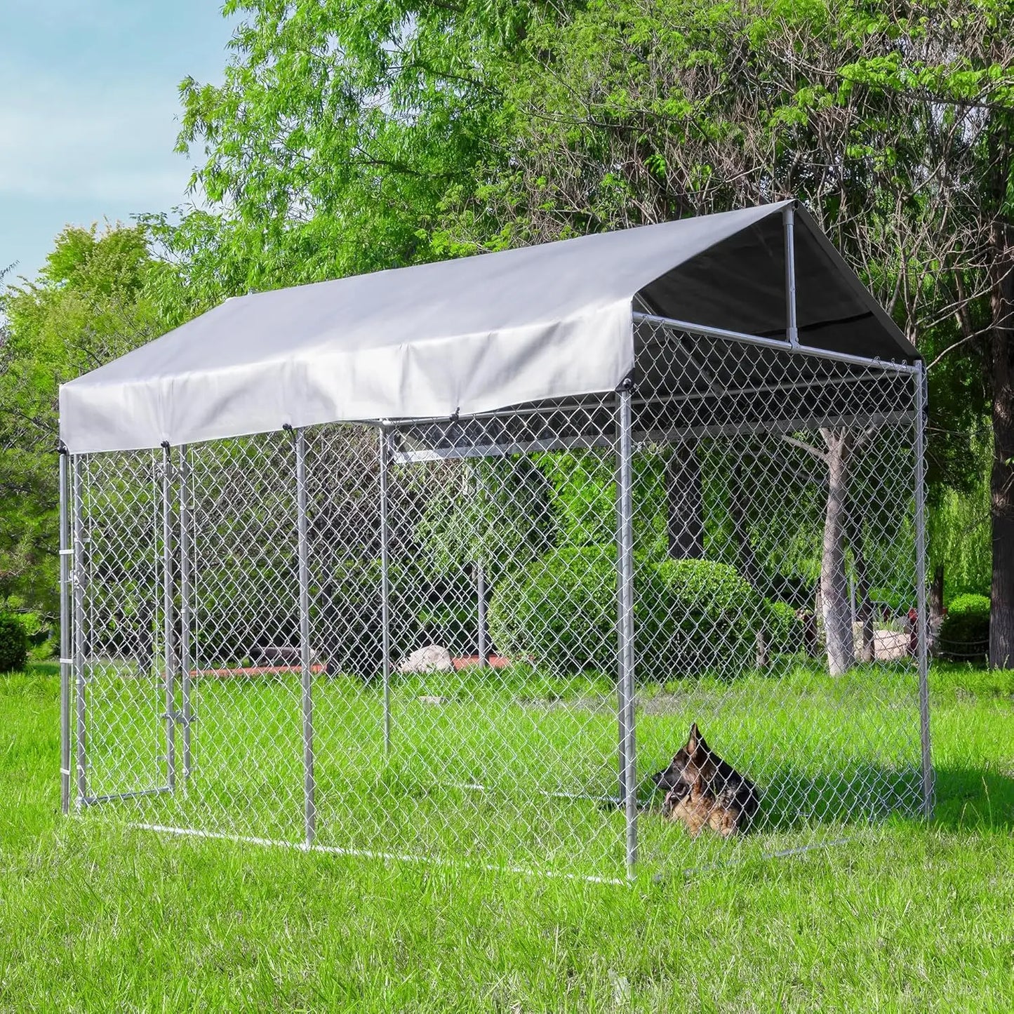 Extra Large Outdoor Dog Kennel, Anti-Rust Galvanized Chain Link Dog Run with Roof, Waterproof UV-Resistant Cover & Secure Lock