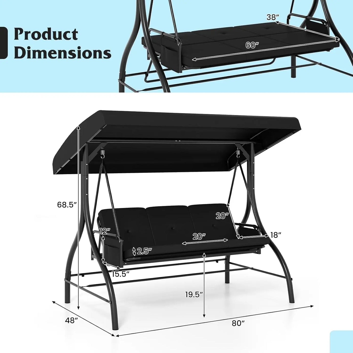 3 Person Porch Swing, 2-in-1 Convertible Outdoor Swing with Adjustable Canopy, Removable Cushions, Metal Frame,, Customized
