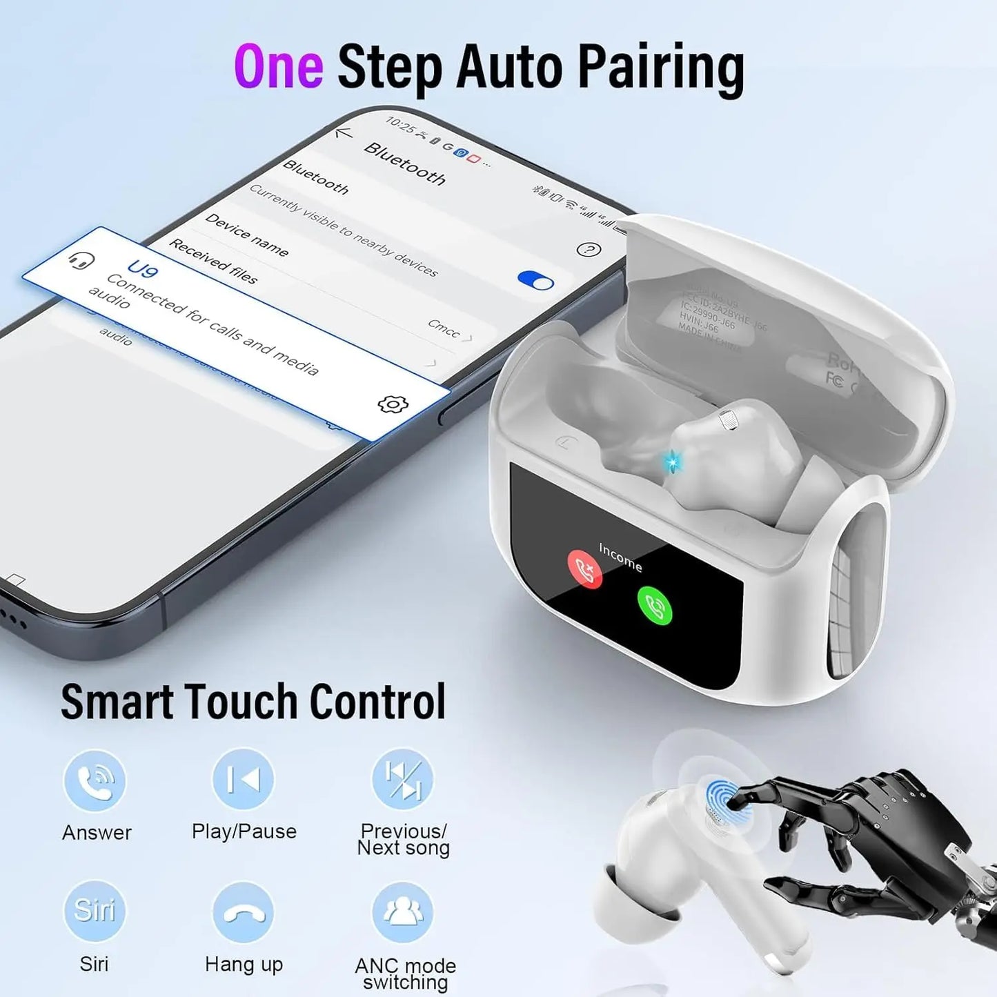 Kuizil Touch Screen Earbuds With ANC 48H Battery Smart Case