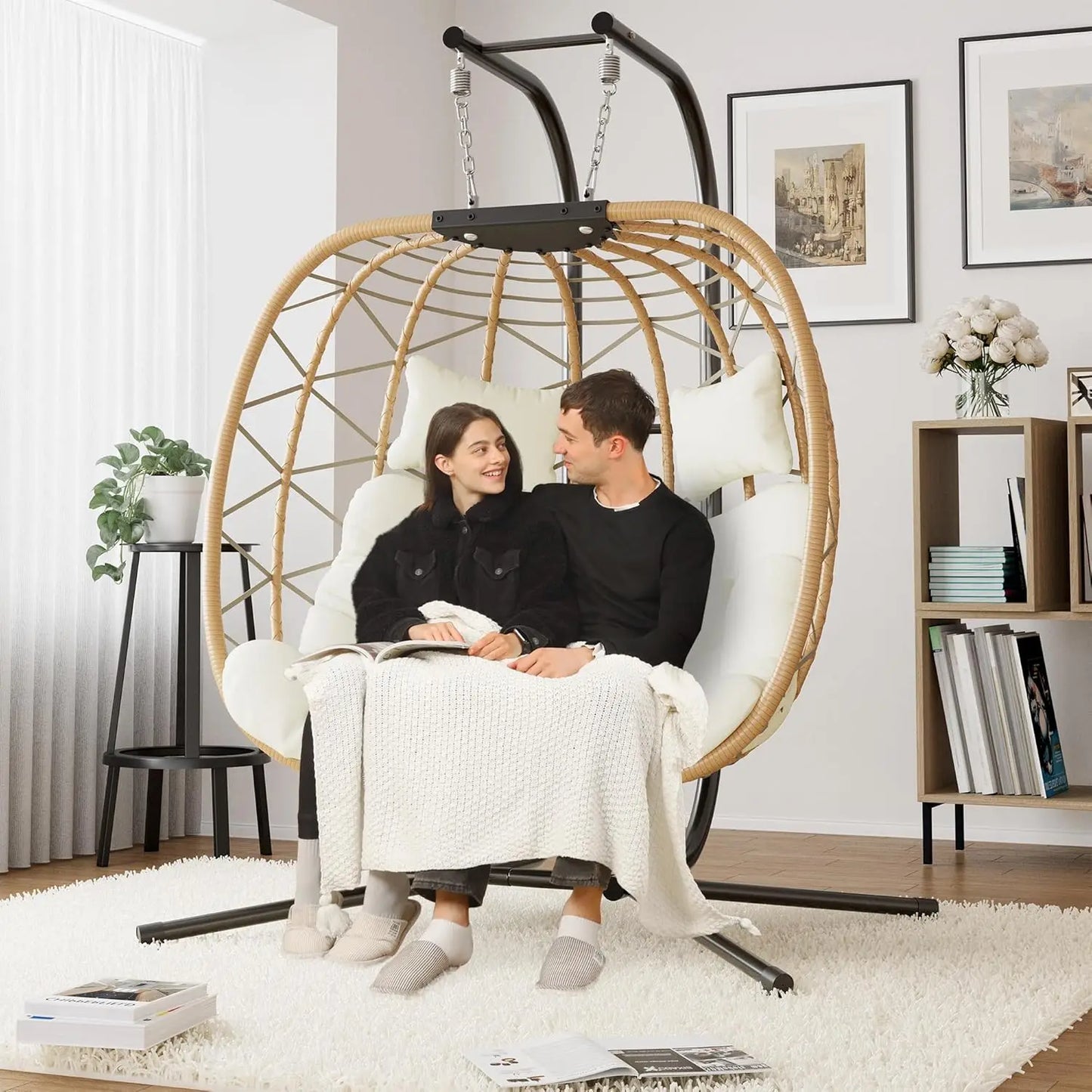 Double Swing Egg Chair with Stand, Oversized 2 Person Indoor Outdoor Wicker Patio Basket Hanging Chair with Black, Customized