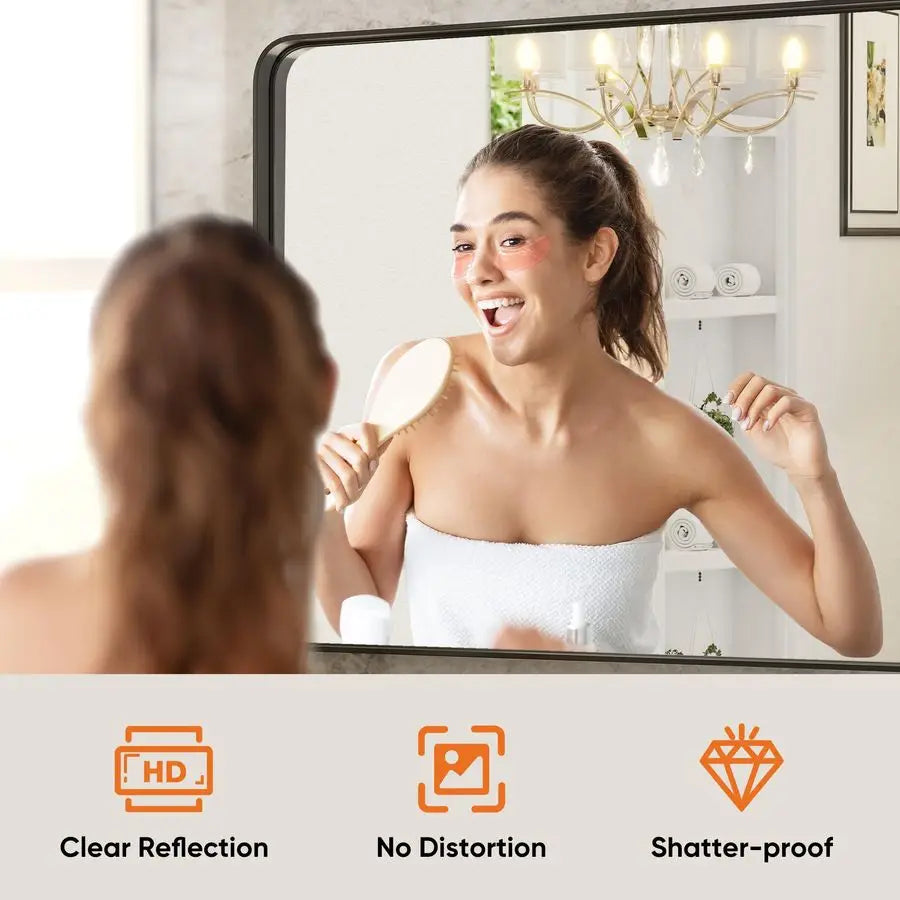 Black Vanity Bathroom Mirror for Wall, Metal Framed Rounded Rectangular Modern Mirrors for Over Sink, 30x40 Inch for Farmhouse,