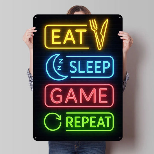 Eat Sleep Repeat Neon Sign Metal Plaque Wall Art Decor