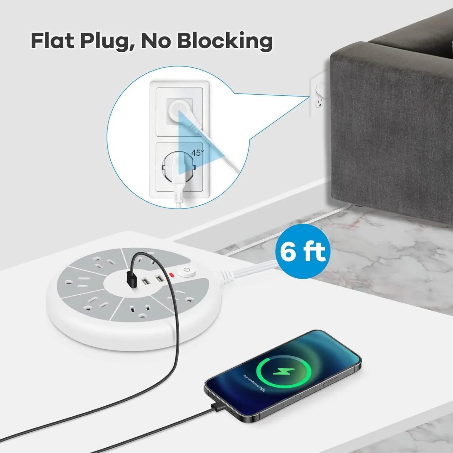 PASSU Disc Power Strip With 3 USB Sockets