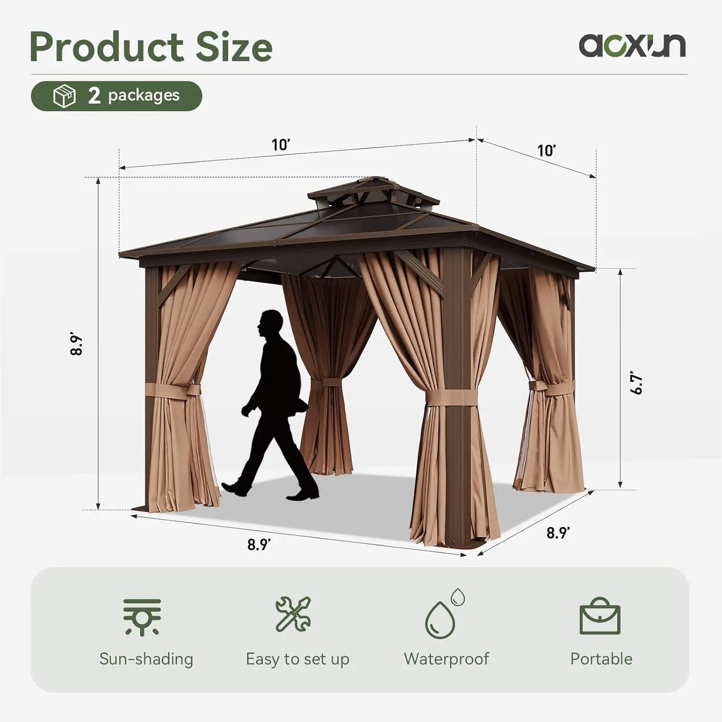 10'x10' Hardtop Gazebo, Outdoor Polycarbonate Double Top Canopy, Aluminum Frame Gazebo with Netting and Curtains,Customized