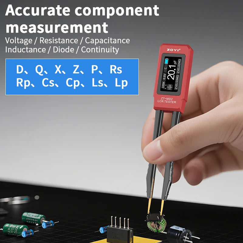 ZOYI ZT-MD2 LCR Tweezer: Auto-ID, measures voltage/resistance/frequency(100KHz), continuity test. For electronics repair